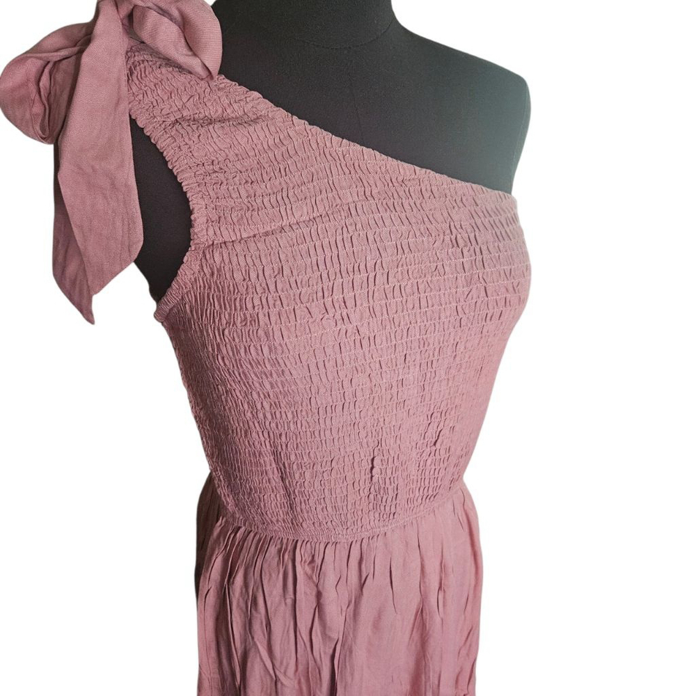 MEROKEETY Medium Pink Summer One Shoulder Sleeveless Knot Smocked Midi Dress - Picture 6 of 8